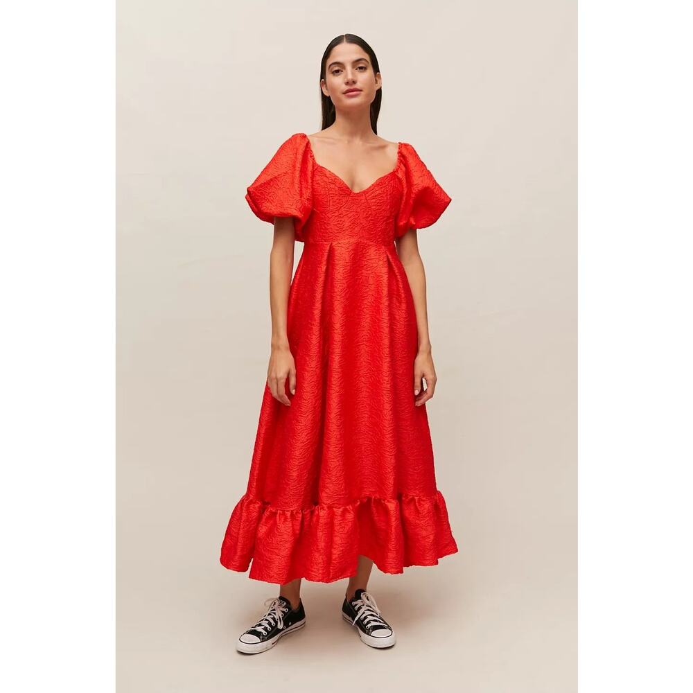 Sister Jane Grandma Rose Midi Dress Size XL Red Puff Sleeve Formal Wedding Guest